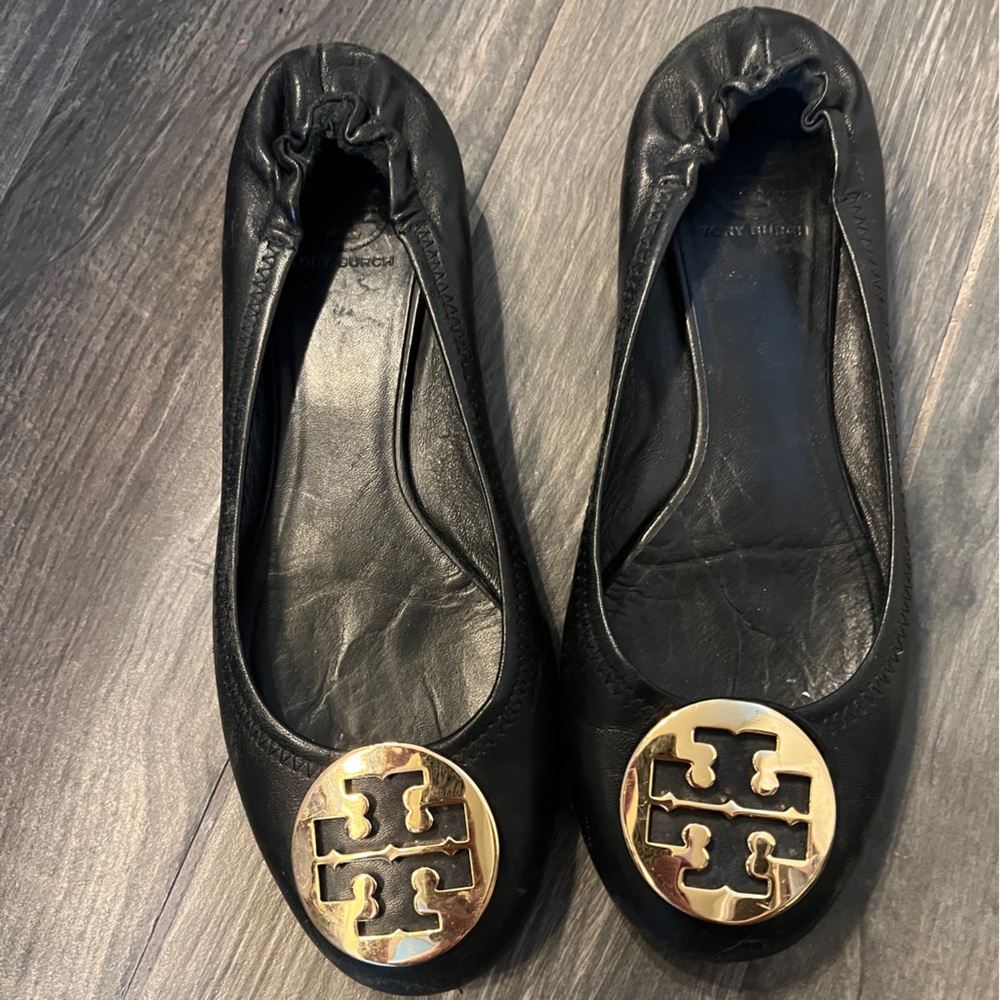 Tory Burch Black Leather Flats with Gold Emblem